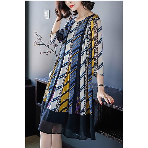 Plus Size Women chiffon swing dress, striped pleated, print, bulk