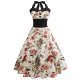 Female holiday, work chic swing dress, floral cotton white high waist Halter