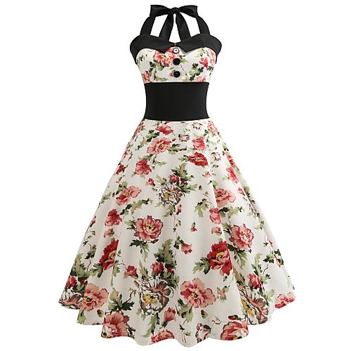 Female holiday, work chic swing dress, floral cotton white high waist Halter