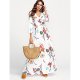 Plus Size Women chic cotton tight dress, white flower print V-neck