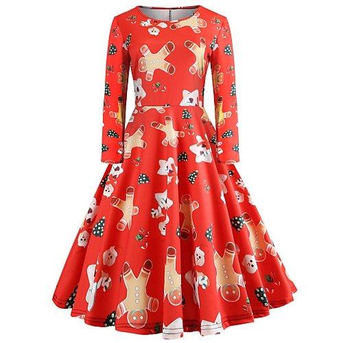 Women Christmas, go retro, elegant Slim swing dress, geometric print cotton