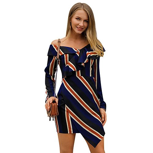 Women daily, out, elegant lantern sleeve line, tight dress, stripes, color prints