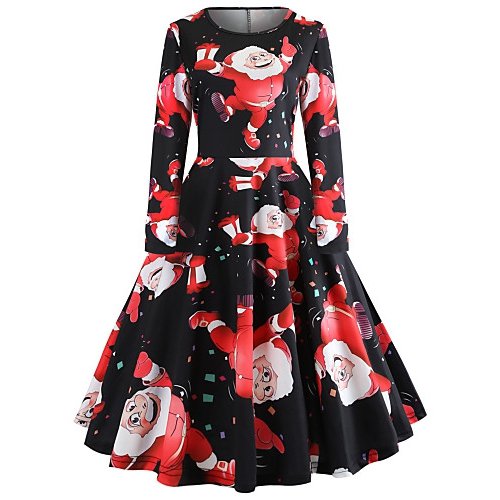 Women Christmas, go retro, elegant Slim swing dress, geometric print cotton