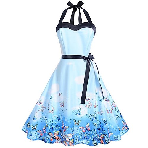 Women daily, go retro A-line dress, butterfly animal print halter cotton