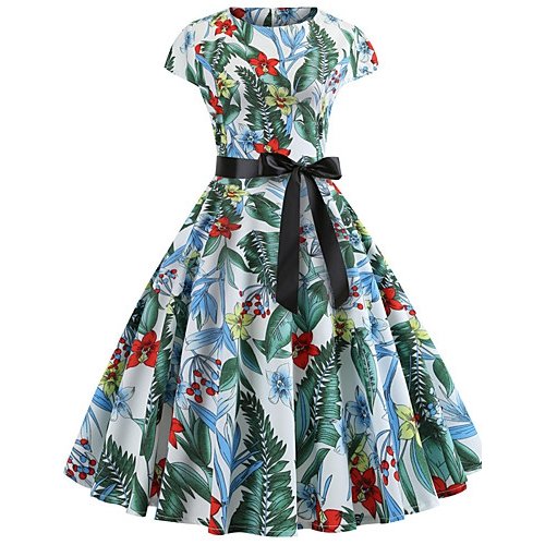 Women daily, go retro, elegant Slim swing dress, floral cotton