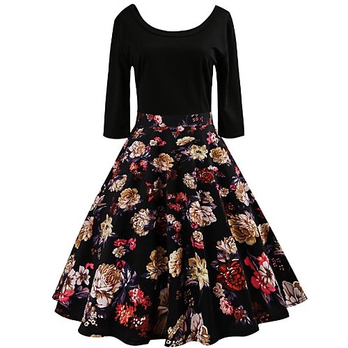 Women go out, casual, daily retro A-line dress, Flower, Patchwork