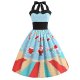 Women Christmas, go retro, elegant Slim swing dress, geometric print cotton Halter