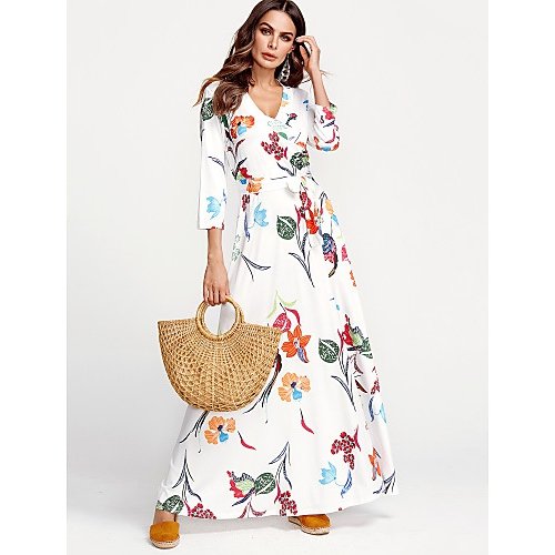 Plus Size Women chic cotton tight dress, white flower print V-neck