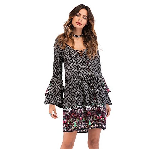 Women Beach fundamental, horn sleeve loose loose dress, Chidori Geqie out, print high waist V-neck