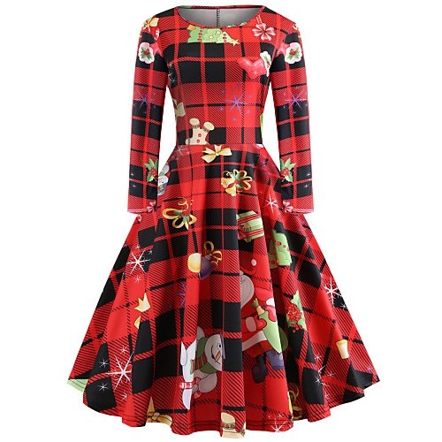 Women Christmas, go retro, elegant Slim swing dress, geometric print cotton