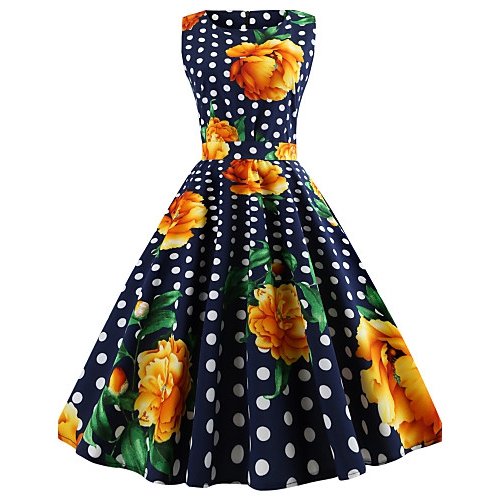 Women daily, go retro Slim swing dress, floral cotton